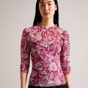 Ted Baker Izabelo Floral Printed Frill Mesh Top (US 4)